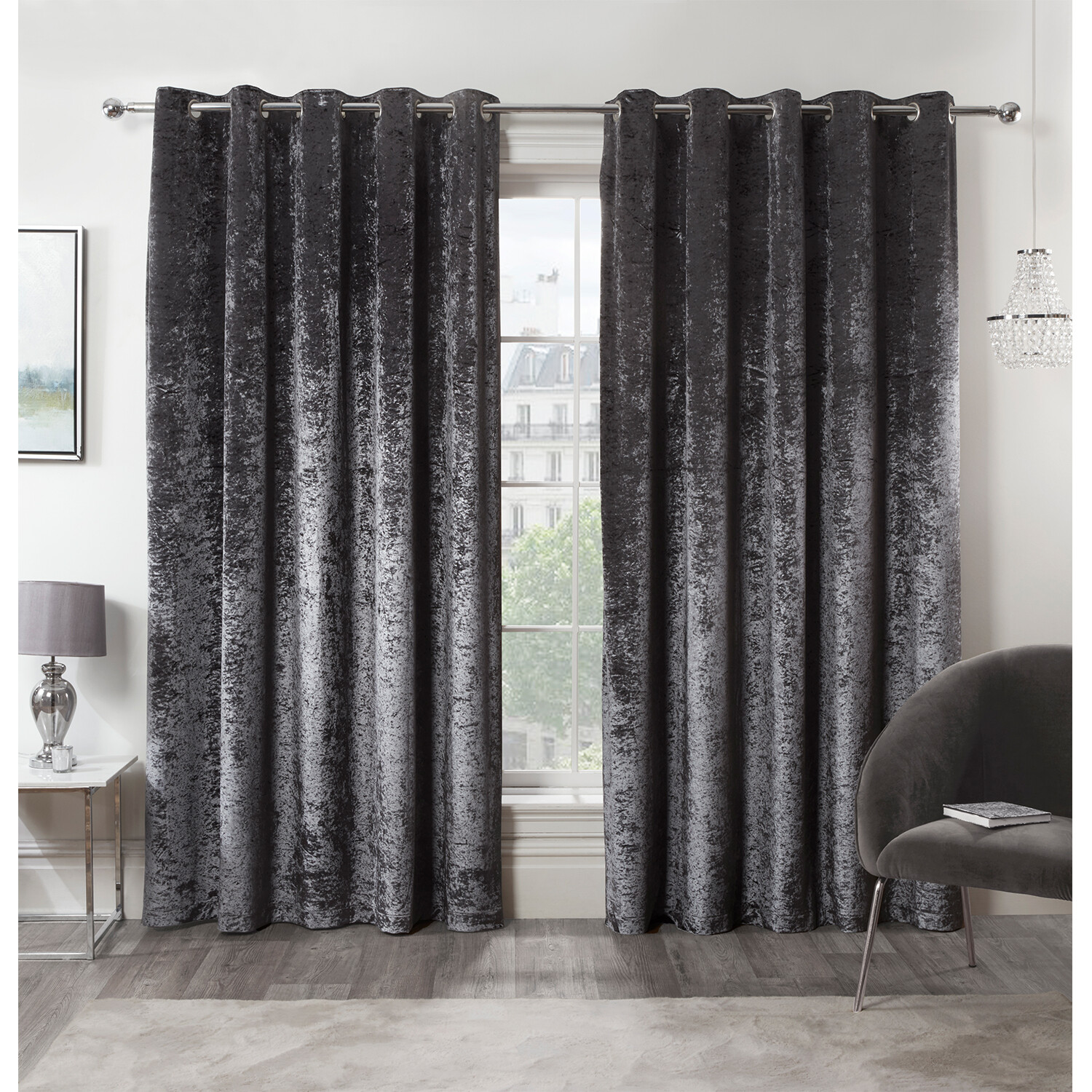 Divante Charcoal Crushed Velvet Eyelet Curtains 137 x 168cm Image 1
