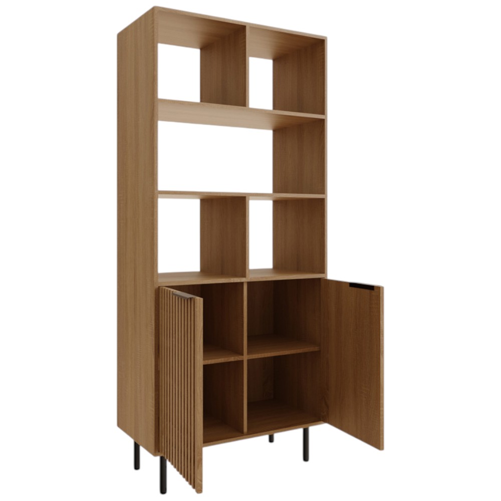 GFW Nervata 2 Door 5 Shelf Oak and Black Ribbed Tall Shelving Unit Image 4