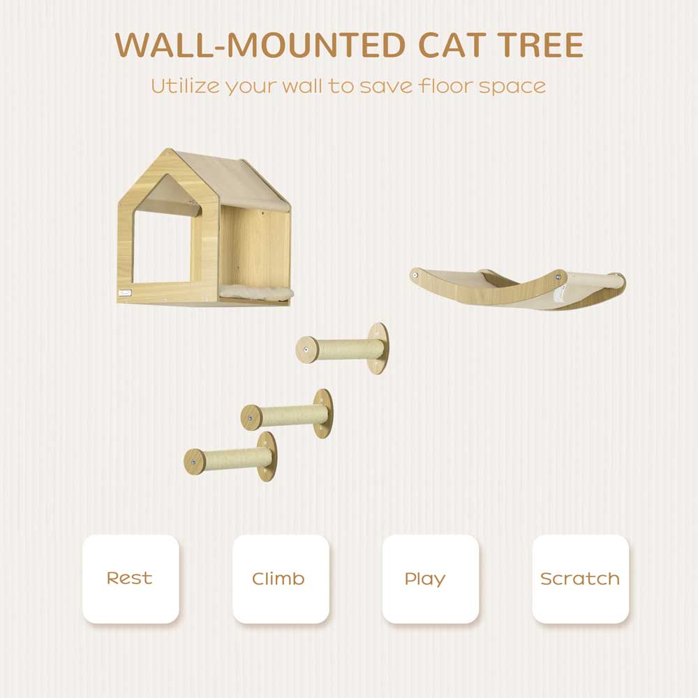 PawHut 5PCs Wall Mounted Cat Tree Cat Climbing Shelf Set Scratching Post, Oak Image 7