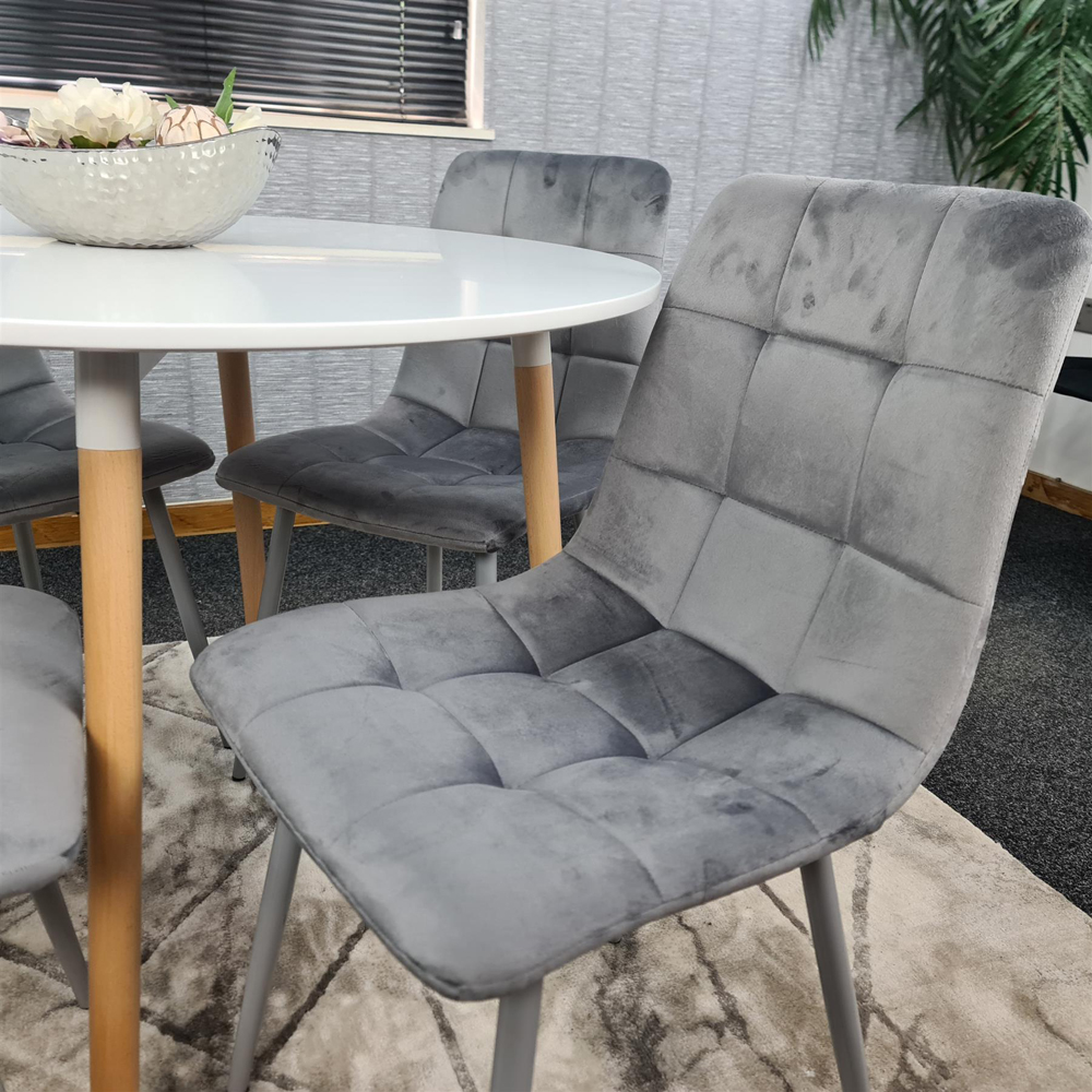 Portland 4 Seater Round Wood Velvet Dining Set White and Grey Image 4