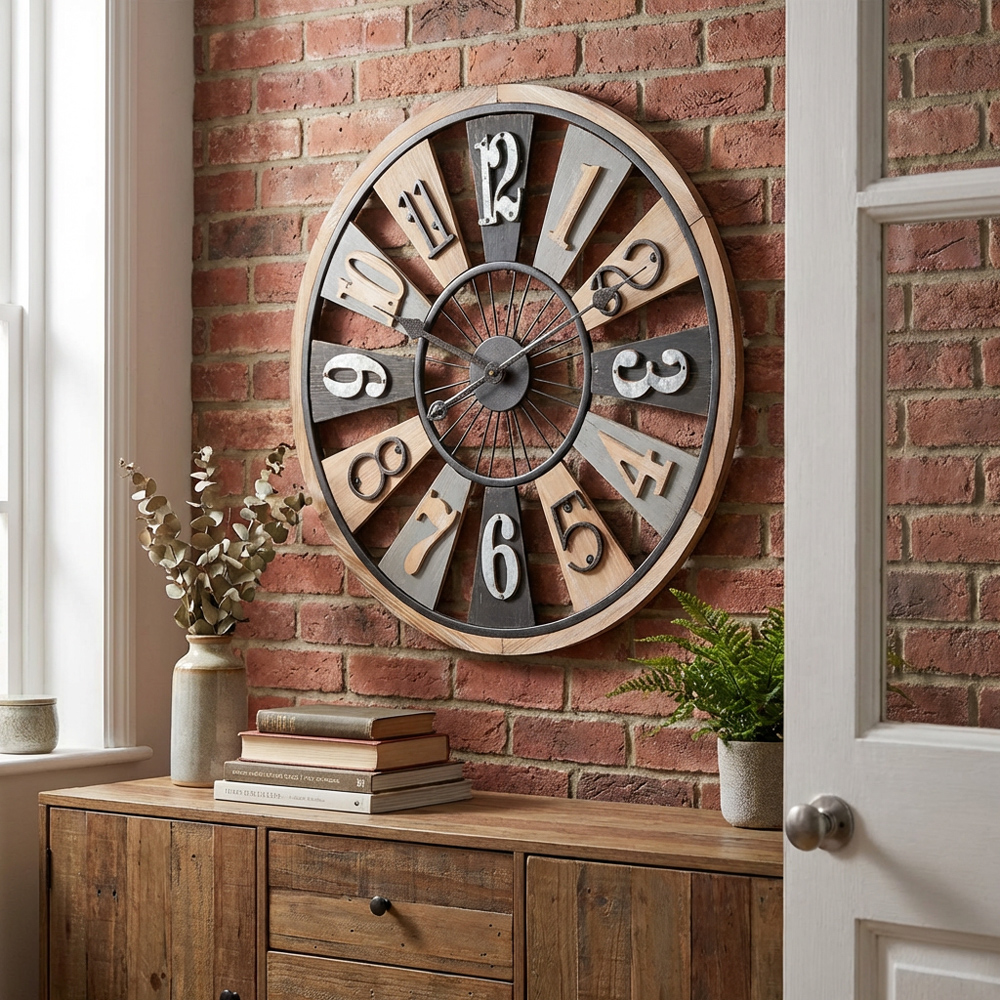 Rustic Wooden Numerical Round Wall Clock 60cm Image 2