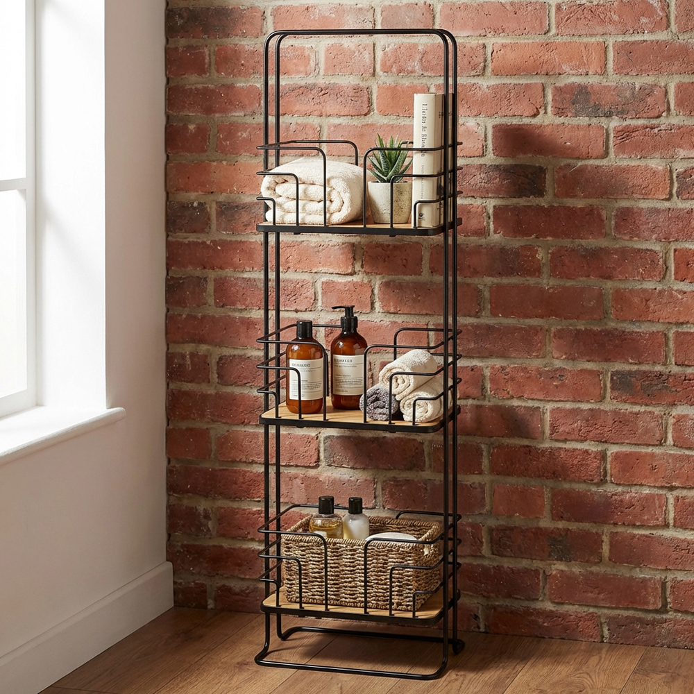 3 Shelf Black Wire Bamboo Bathroom Caddy Image 4