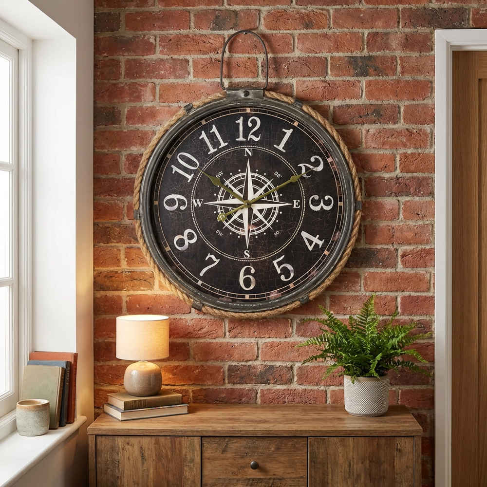 Brown Nautical Compass Round Wall Clock 58cm Image 4