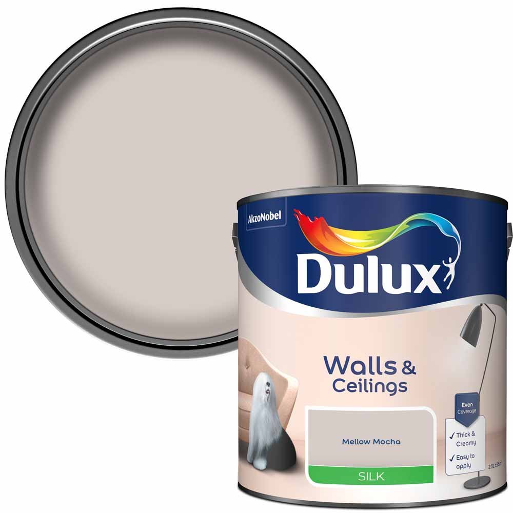 Dulux Mellow Mocha Silk Emulsion Paint 2.5L  - wilko Dulux Silk is a smooth and creamy emulsion paint for use on walls and ceilings which is ideal for a delicate shine finish. Chromalock is  technology exclusive to Dulux that creates an invisible protective barrier around the colour on your walls, protecting from the wear and tear of  everyday life, bringing you colour that lasts. Coverage is 13 square metres per litre. Leave 2-4 hours to dry between coats. Dulux Mellow Mocha Silk Emulsion Paint 2.5L