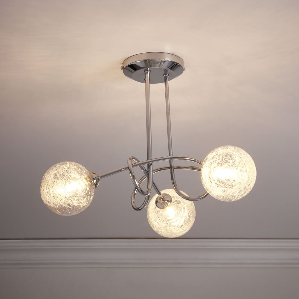 Wilko Sorrento 3 Arm Metal Ceiling Light with Crackle Effect Glass