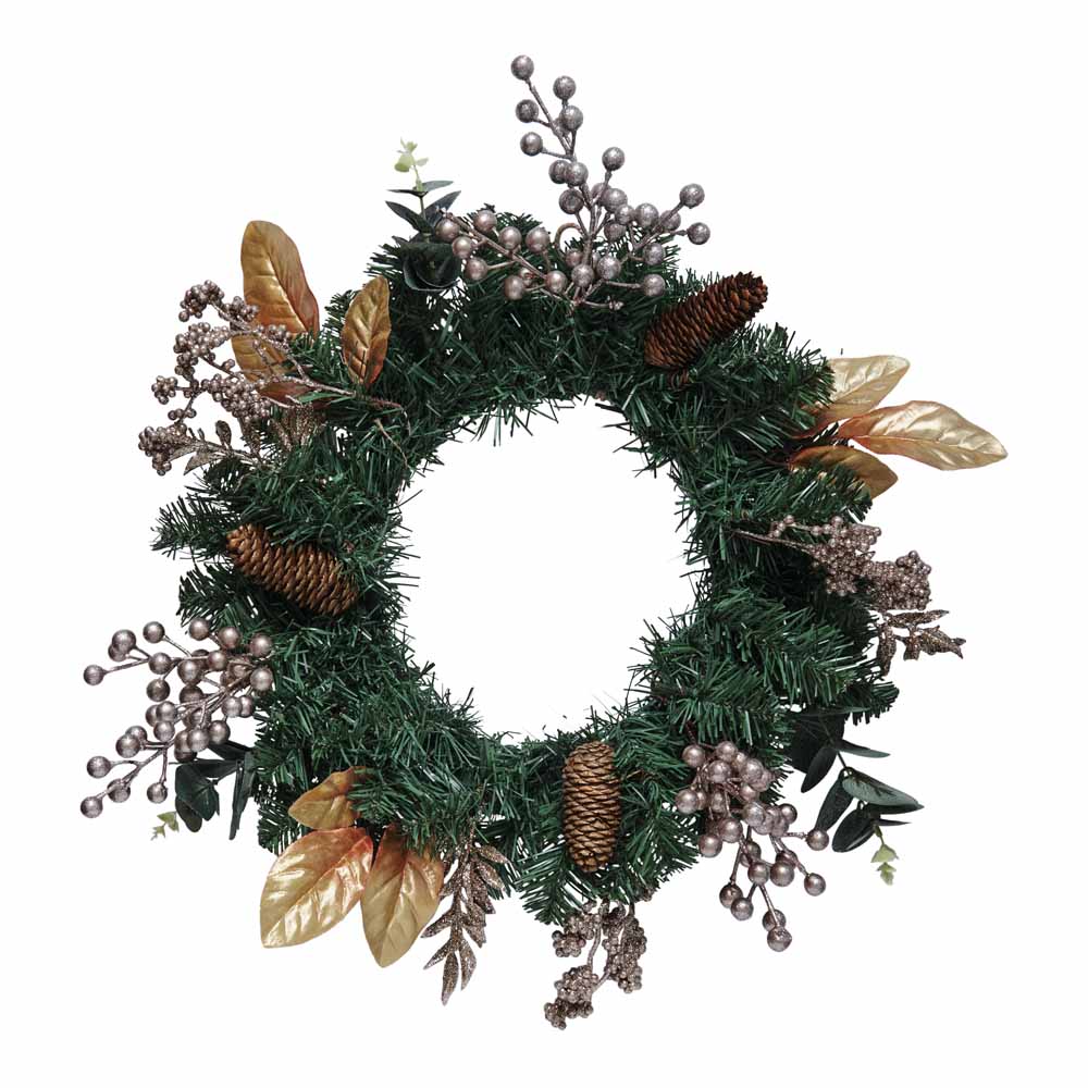 Wilko Christmas Wreath Decorated in Gold with Pine Cones and Berries 18 in Image 1