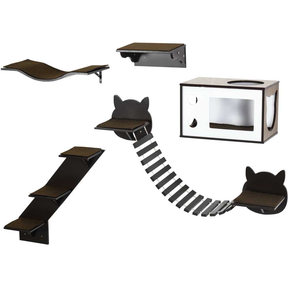PawHut 5 Piece Cat Wall Shelves, Wall-Mounted Cat Tree for Indoor Use - Brown Image 1