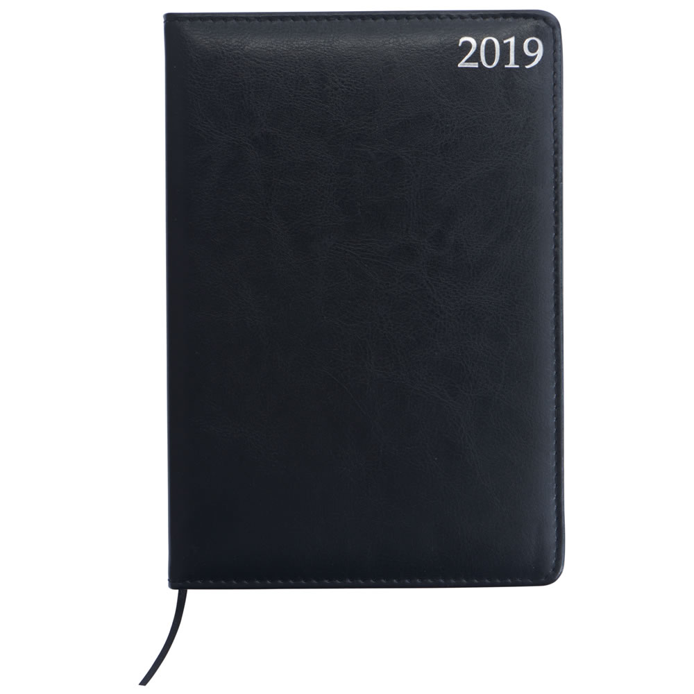 Wilko A5 Day A Page 2019 Diary - Faux Leather Black Image 1