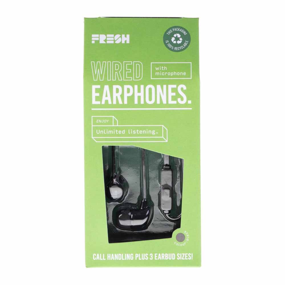 Fresh InEar Wired Earphone and Mic Black  - wilko Grab a pair of Fresh Wired Earphones in black and enjoy unlimited listening to your favourite music in quality sound. Includes a choice of 3 earbud sizes and a built-in mic for call handling. The compact, lightweight design makes them easy to pop in your bag or your pocket. Anyone can listen in comfort with a choice of three different soft earbud sizes. All packaging is 100% recyclable. Specifications: Sensitivity: 96 dB, Frequency response: 20 Hz – 20 kHz, Drivers: 2 x 10 mm, Aux in: 3.5 mm, Cable length: 1.2 m.