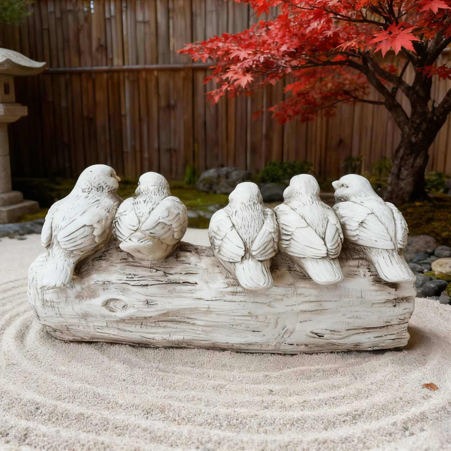 Five Birds on a Log Statue Off White Image 3