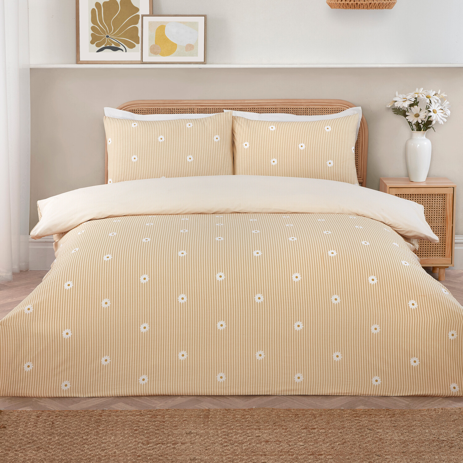Daisy Stripe Duvet Set Yellow Double Image 1