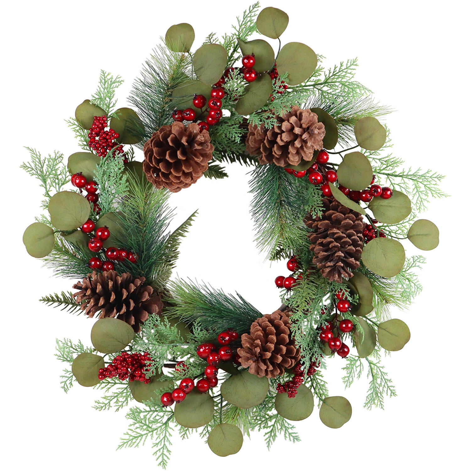Green Wreath with Red Berry and Pinecone Image