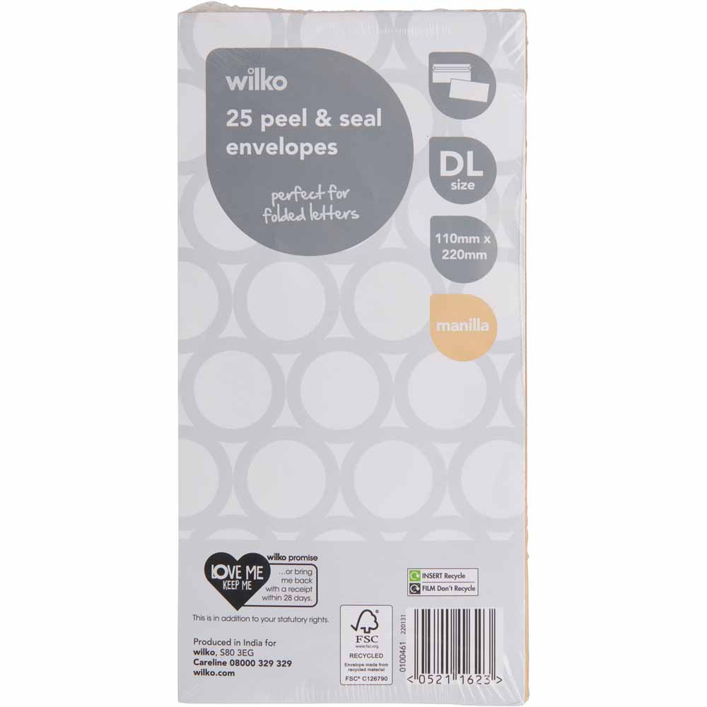 Wilko DL Manilla Peel and Seal Envelopes 110mm x 220mm 25 Pack Image 1
