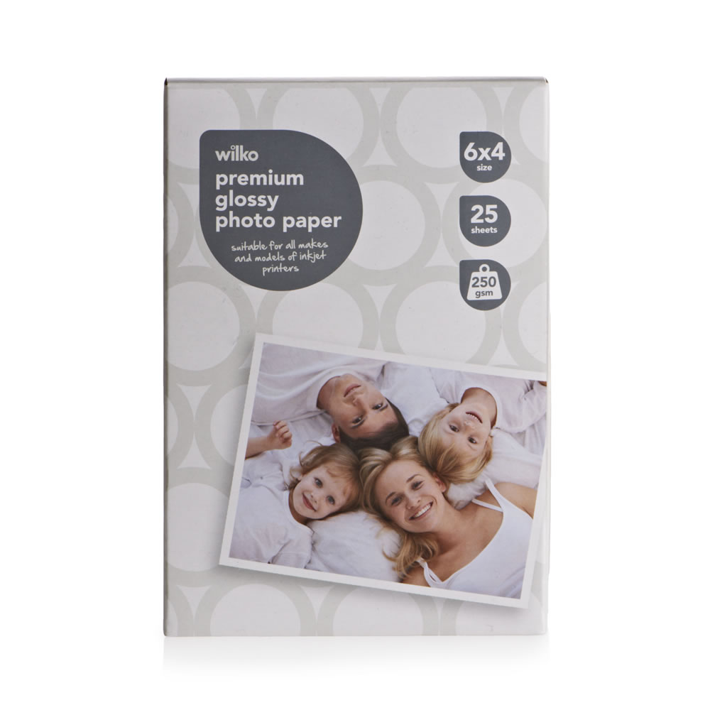 Wilko 6 x 4 inch Premium Glossy Photo Paper 25 Sheets Our premium high gloss heavyweight 6x4in photo paper will produce exceptional quality photos to capture your special moments. The premium 250gsm paper gives you professional quality photo reproduction with a realistic photo feel. It's ideal for framing and displaying high quality enlargements and suitable for printing photos direct from your digital camera, digital media (CDs or memory cards), or high resolution images from the internet.  Includes 25 sheets and print guidelines. Wilko 6 x 4 inch Premium Glossy Photo Paper 25 Sheets