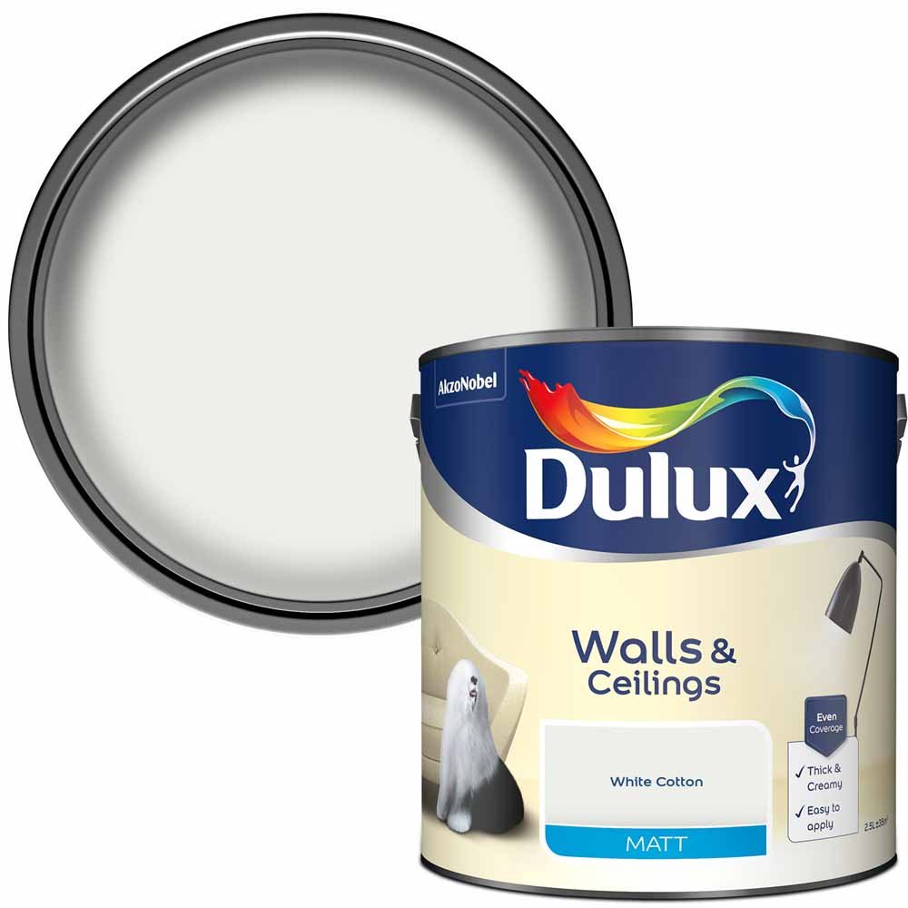 Dulux Walls & Ceilings White Cotton Matt Emulsion Paint 2.5L Image 1