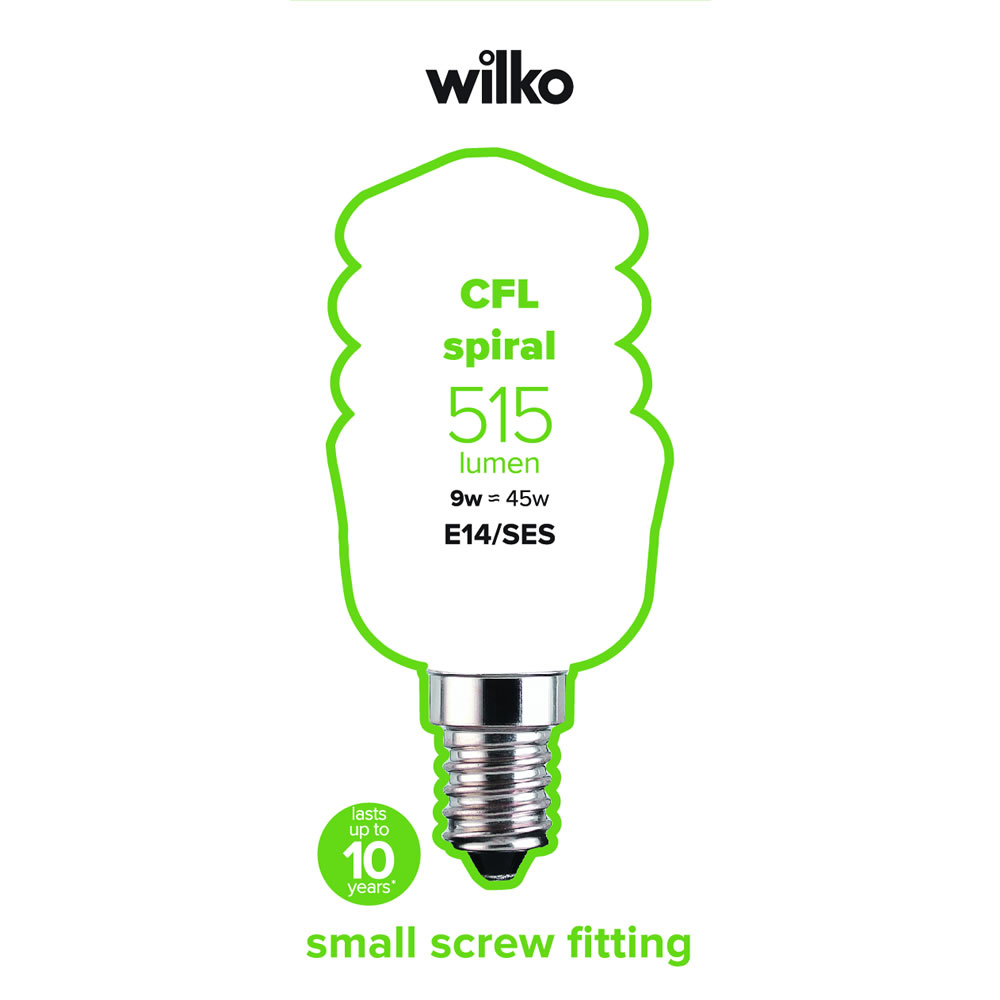 Wilko 1 pack Small Screw E14/SES CFL Energy Saving 9W/515 Lumens Spiral Light Bulb Image 2