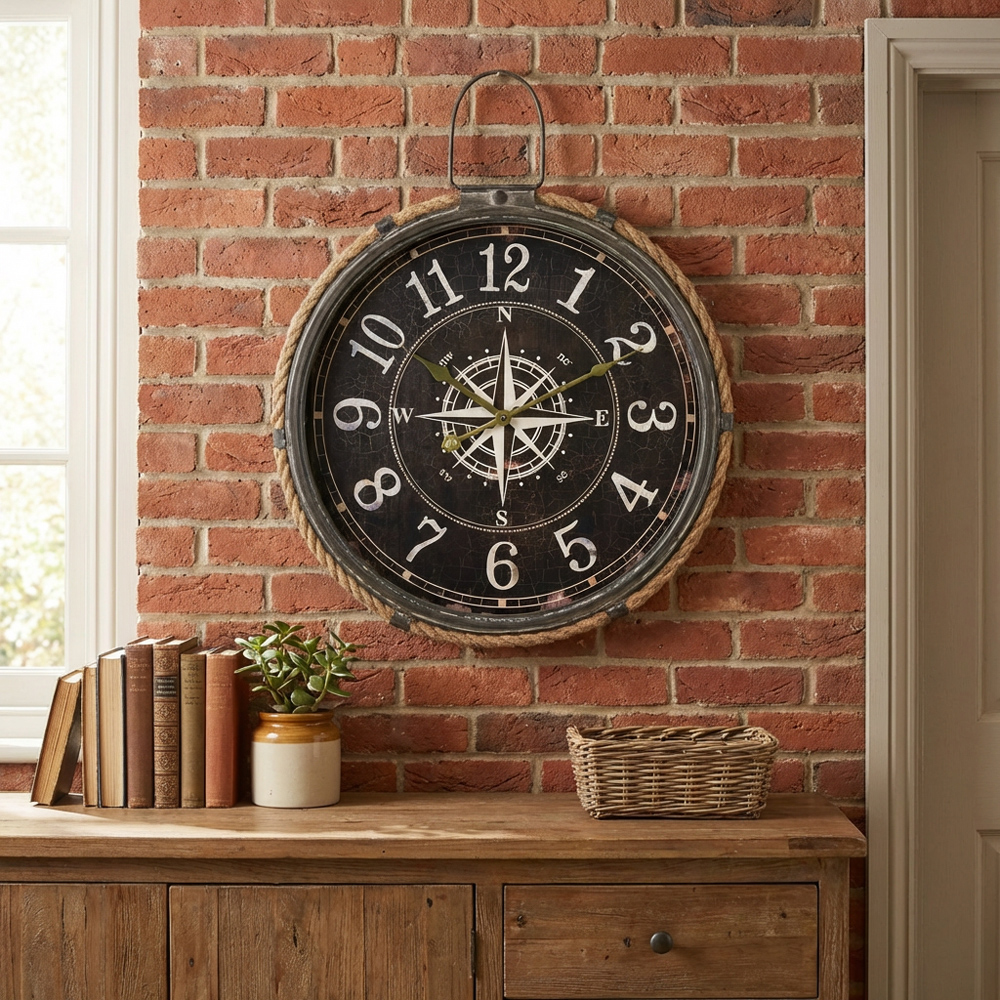 Brown Nautical Compass Round Wall Clock 58cm Image 5