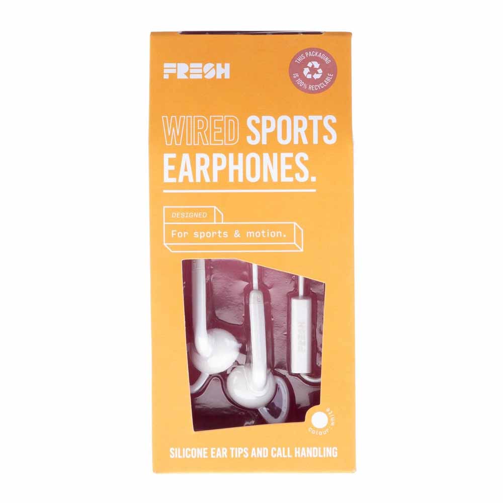 Fresh In-Ear Wired Sport Earphones White  - wilko Grab a pair of white Fresh Sports Wired Earphones and enjoy unlimited listening to your favourite music whilst you exercise. Includes silicone ear tips and call handling. Fresh In-Ear Wired Sport Earphones White