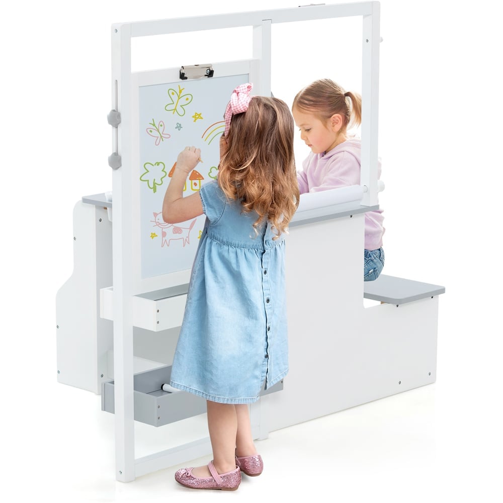 Costway Light Grey Kids Art Easel Table and Bench Set with Bookshelf Image 3