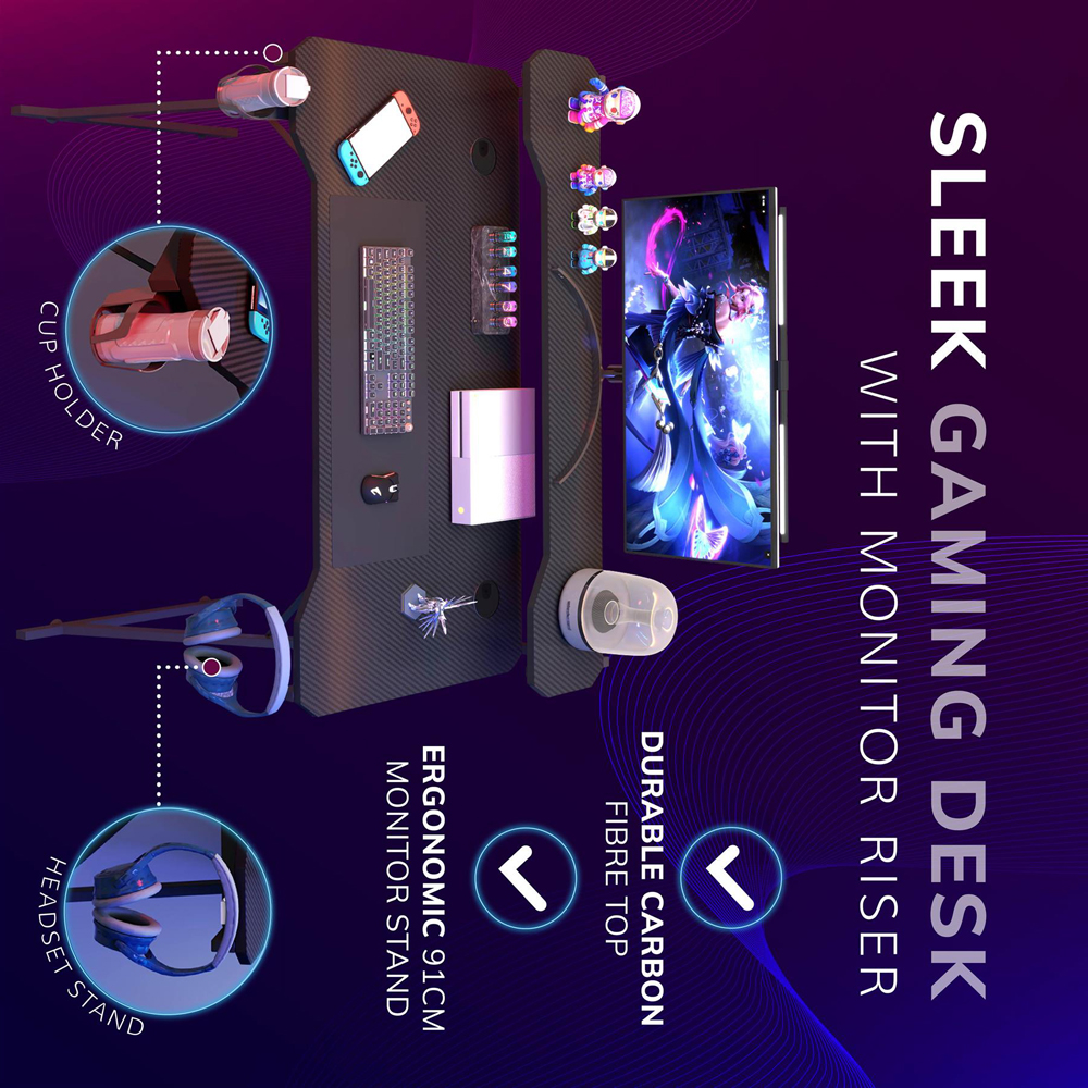 House of Home Carbon Fibre Top Computer Gaming Desk with Monitor Stand Black Image 4