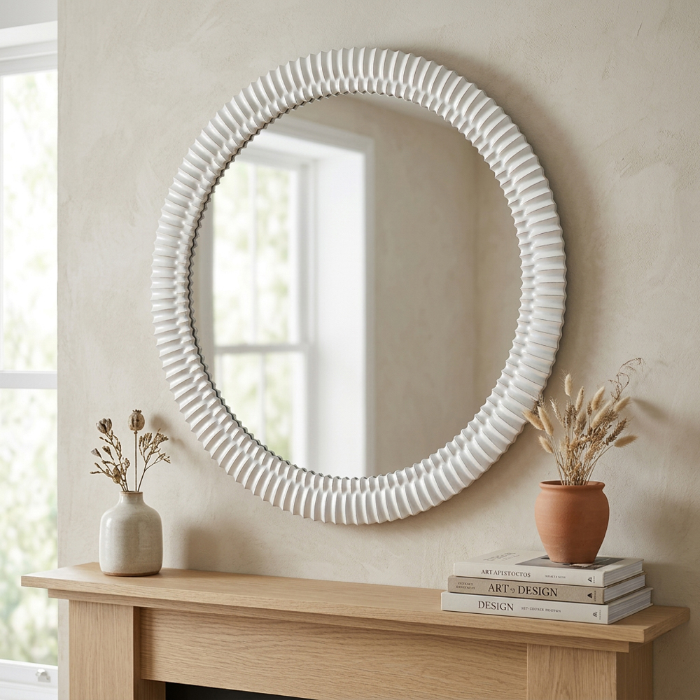 Carved Wooden Round Mirror White Image 2