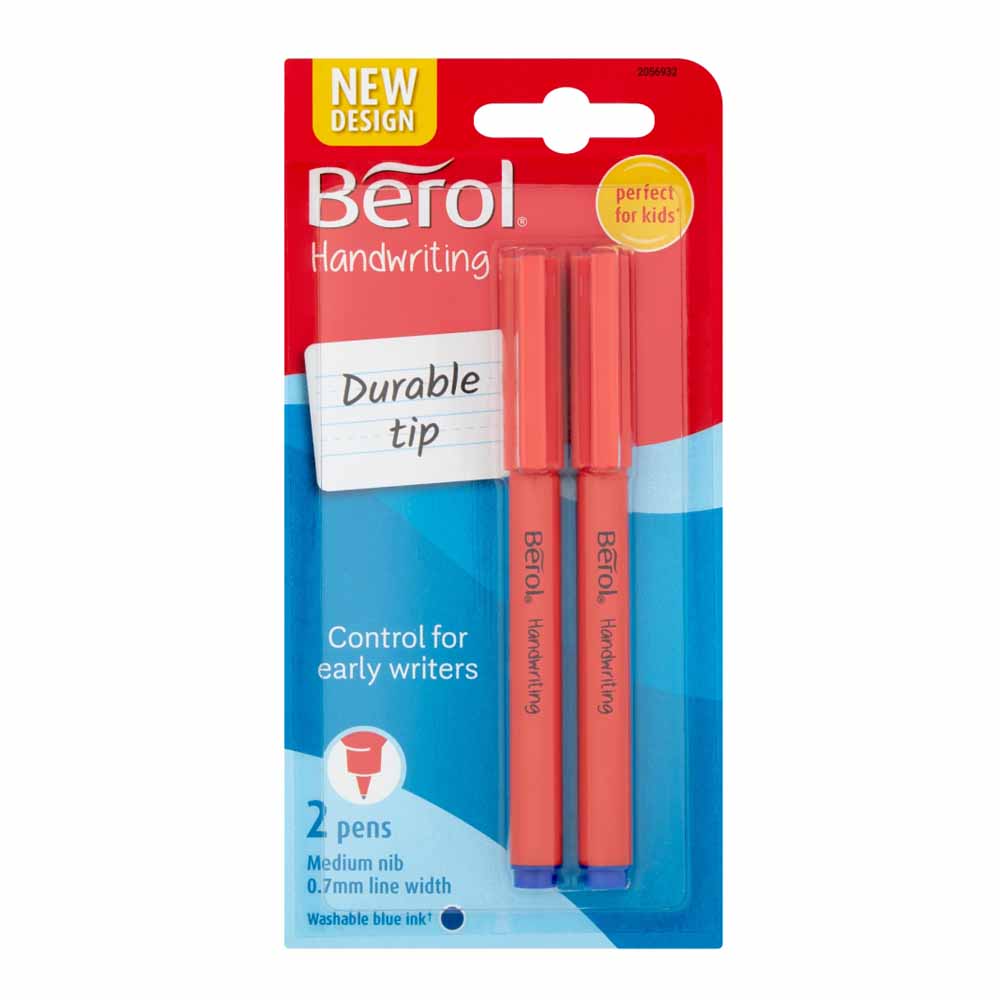 Berol Blue Medium Handwriting Pen 2 pack  - wilko Washable ink, recommended by teachers and long lasting ink. Berol Blue Medium Handwriting Pen 2 pack
