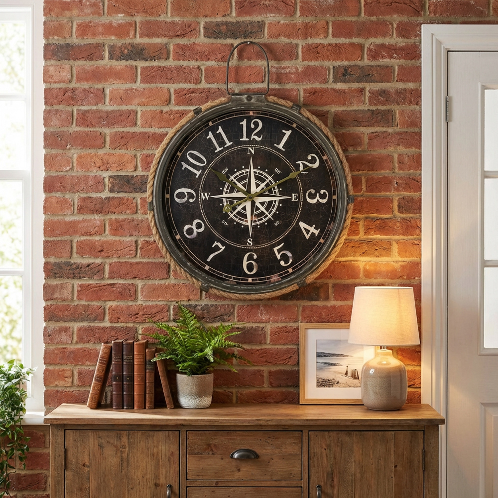 Brown Nautical Compass Round Wall Clock 58cm Image 2