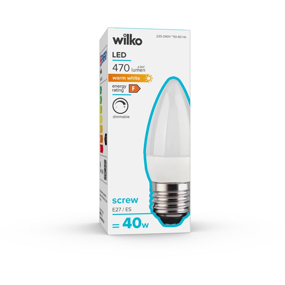 Wilko 1 pack Screw E27/ES LED 470 Lumens Dimmable Candle Light Bulb Image 1