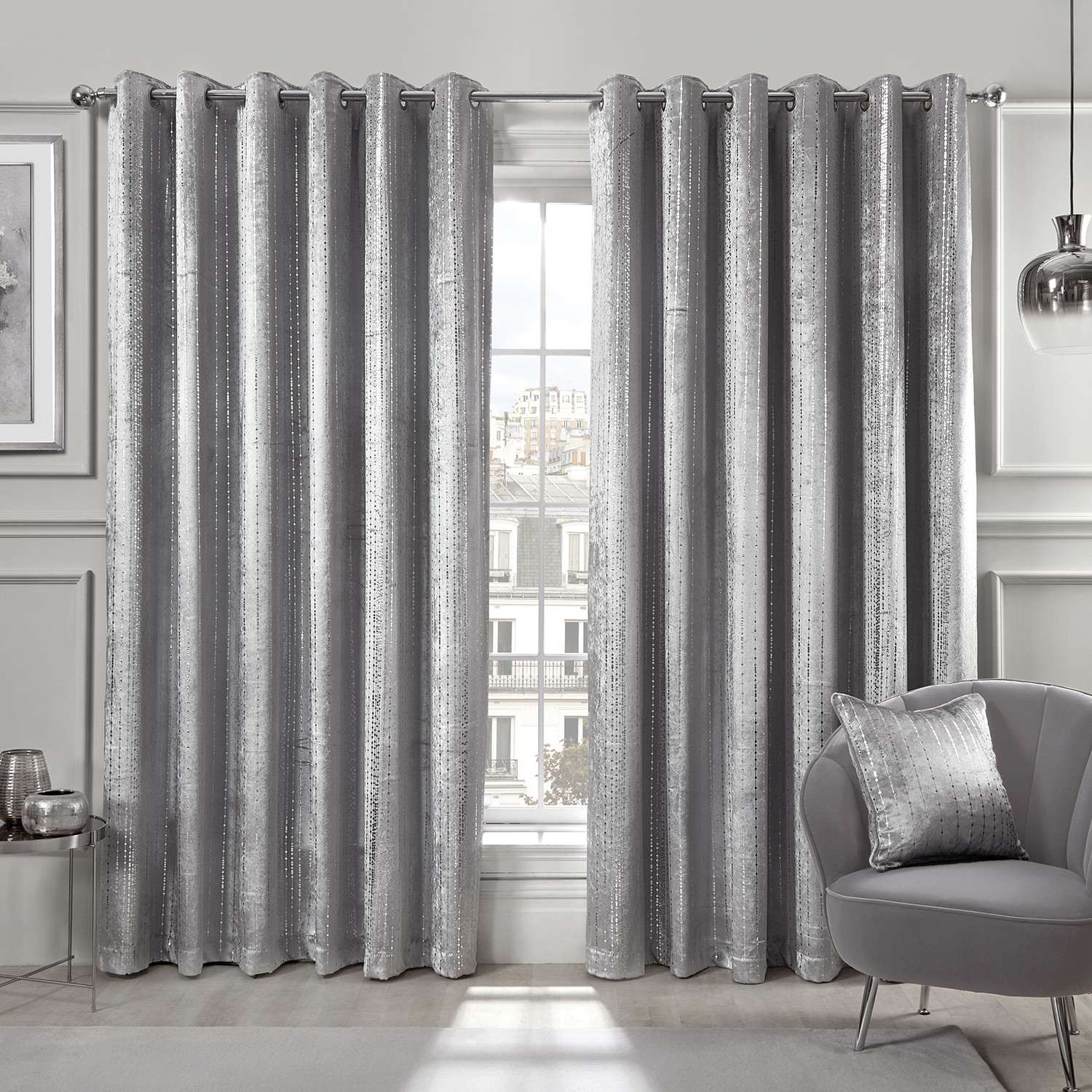Divante Selina Silver Foil Dotty Stripe Curtains 168 x 229cm Image 1