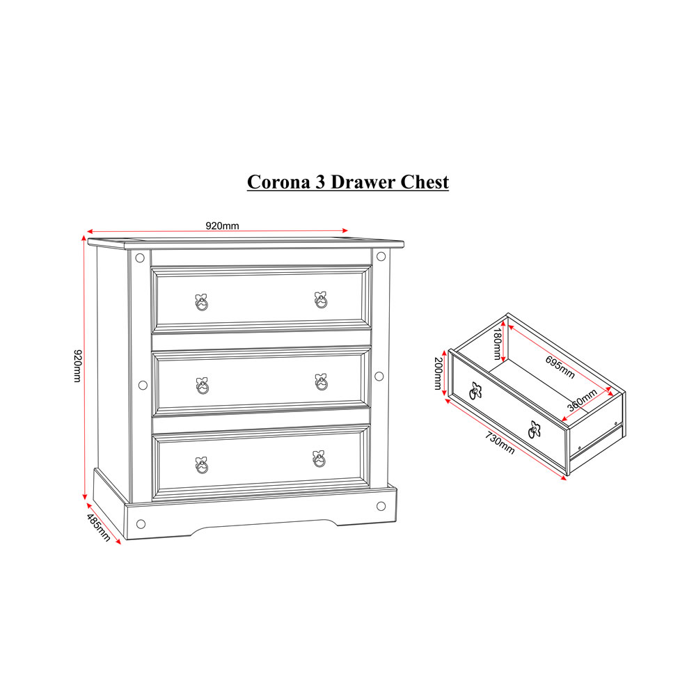 Corona Solid Pine 3 Drawer Chest of Drawers Image 2