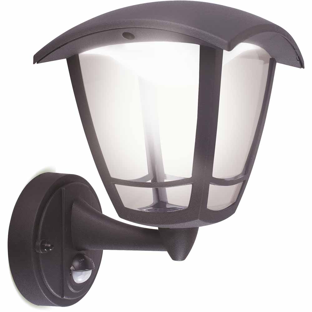 Luceco Exterior LED PIR Coach Lantern 4 Panel Bottom Arm 640LM 8W 4000K IP44 Black Image 1