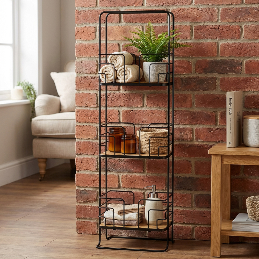3 Shelf Black Wire Bamboo Bathroom Caddy Image 5
