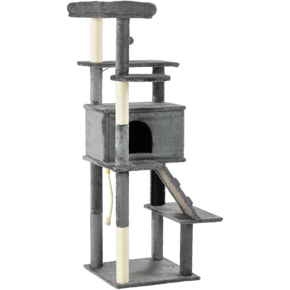 PawHut Cat Tree Tower for Indoor Cats with Scratching Post, House, Toy, Grey Image 3