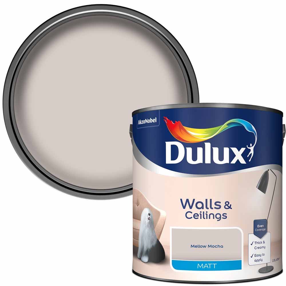 Dulux Mellow Mocha Matt Emulsion Paint 2.5L  - wilko Dulux Matt is a smooth and creamy emulsion paint for use on walls and ceilings which is ideal for a modern, flat finish. Chromalock is  technology exclusive to Dulux that creates an invisible protective barrier around the colour on your walls, protecting from the wear and tear of  everyday life, bringing you colour that lasts. Coverage is 13 square metres per litre. Leave 2-4 hours to dry between coats. Dulux Mellow Mocha Matt Emulsion Paint 2.5L