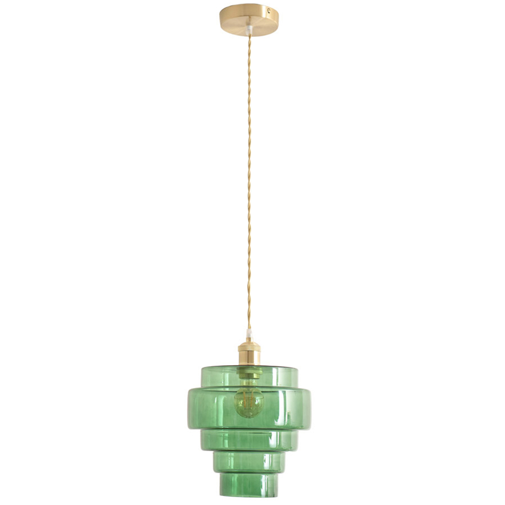 ValueLights Lane 5 Tier Green Glass Shade Brushed Gold Single LED Ceiling Pendant Light Image 1