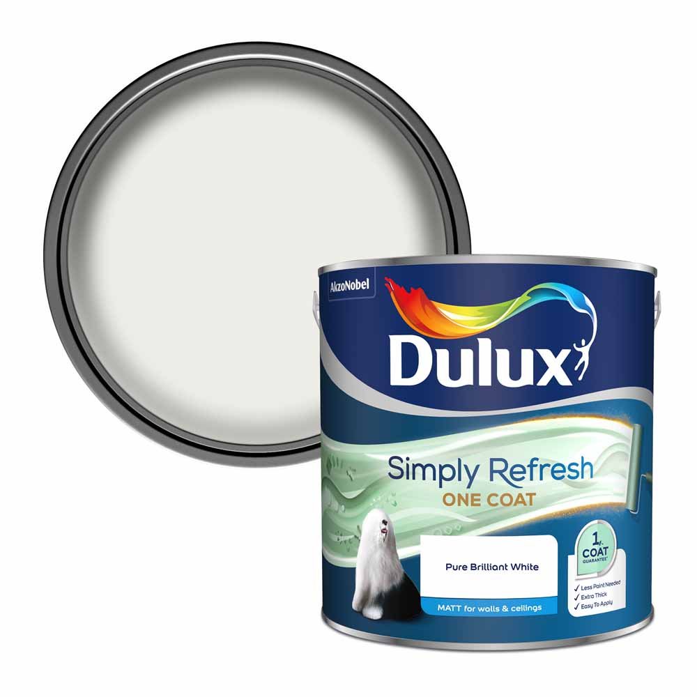 Dulux Simply Refresh One Coat Pure Brilliant White Matt Emulsion Paint 2.5L Image 1