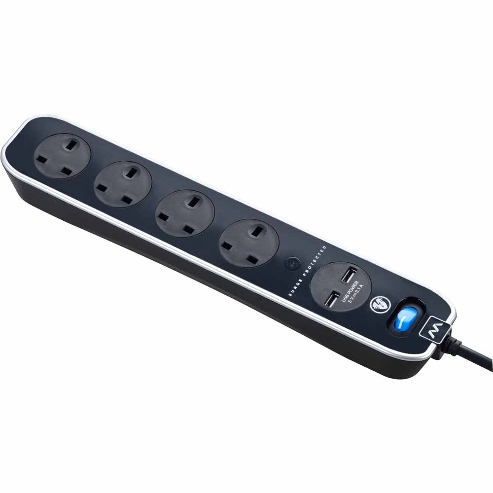 Masterplug 2m 4 Gang Black Switched Surge USB Extension Lead Image 4