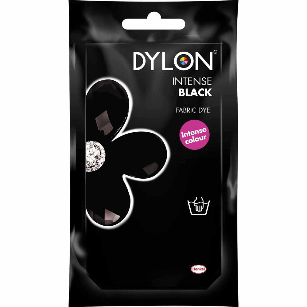 Dylon Intense Black Hand Fabric Dye 50g  - wilko Dylon Hand Dye is ideal for dyeing smaller items, delicate items such as wool and silk and for crafts such as tie-dye. Use by hand in warm water to give strong, permanent colour to natural fabrics. This pack is bursting with a whole spectrum of ideas, and with Dylon you have all the colours of the rainbow to choose from. So, wake up your wardrobe, revive a faded scarf or brighten some cushion covers with colour, ease and permanent results you?ll be proud of! This shade will always have an air of classic, chic sophistication. You'll also need 250g of ordinary salt (not included). 1 pack dyes up to 250g fabric (e.g. shirt) to full shade or larger amounts to lighter shade. Not suitable for pure polyester, acrylic, nylon and fabric with special finishes. Colour mixing rules apply (e.g. blue on red gives purple). Warning: Always read instructions. Irritant. May cause an allergic reaction. Keep out of reach of children. Directions for use: Weigh dry fabric, wash thoroughly. Leave damp. Using rubber gloves, dissolve dye in 500ml warm water. Fill bowl/stainless steel sink with approx 6 litres warm water (40°C). Stir in 250g (10tbsp) salt. Add dye & stir well. Submerge fabric in water. Stir for 15mins, then stir regularly for 45mins. Rinse fabric in cold water. Wash in warm water & dry away from direct heat & sunlight. Requires 250g salt.