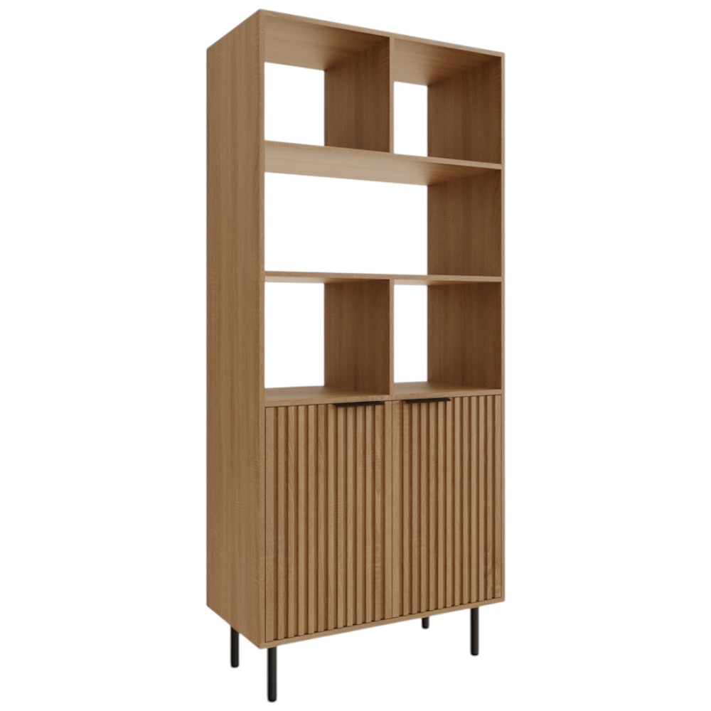 GFW Nervata 2 Door 5 Shelf Oak and Black Ribbed Tall Shelving Unit Image 2