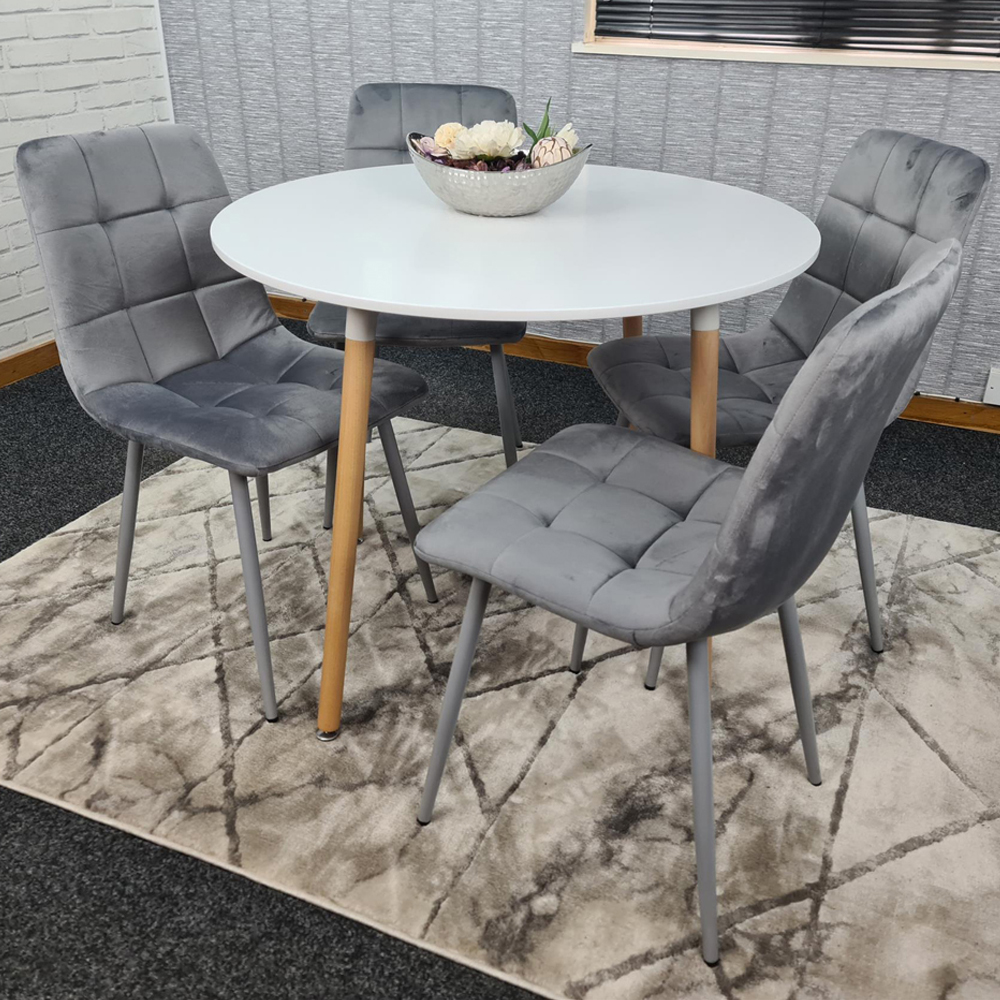 Portland 4 Seater Round Wood Velvet Dining Set White and Grey Image 1