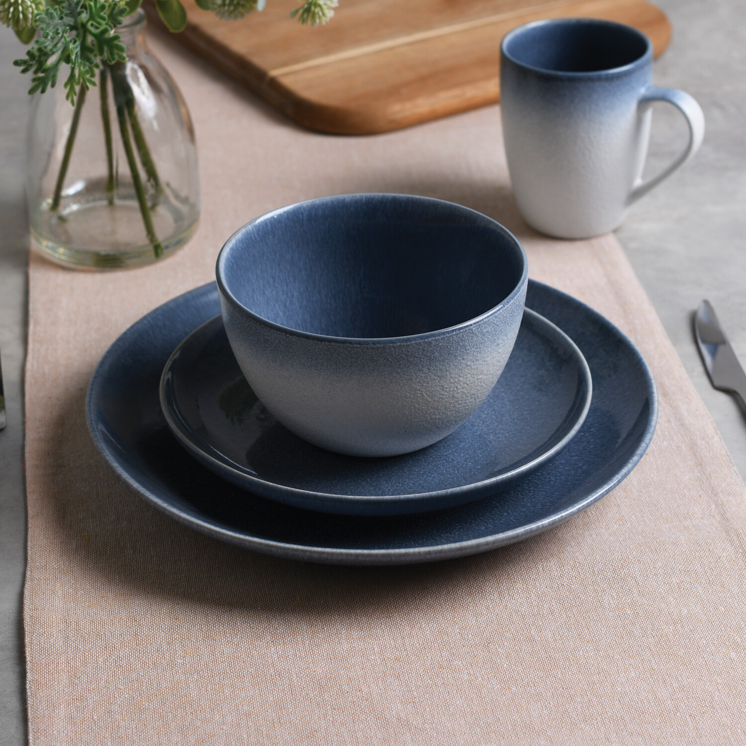 12 Piece Ombre Blue Textured Dinner Set Blue Image 2