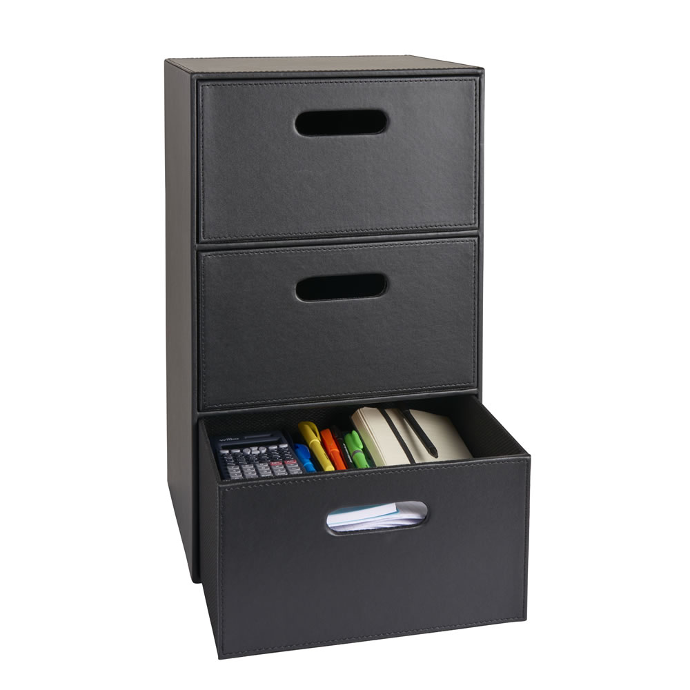 Wilko Black 3 Drawer Faux Leather Storage Tower Image 2