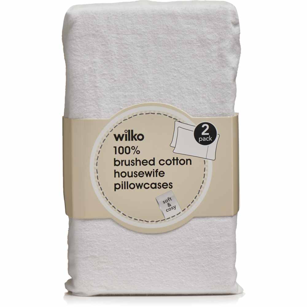 Wilko White Brushed Cotton Housewife Pillowcases 2 Pack Image 3
