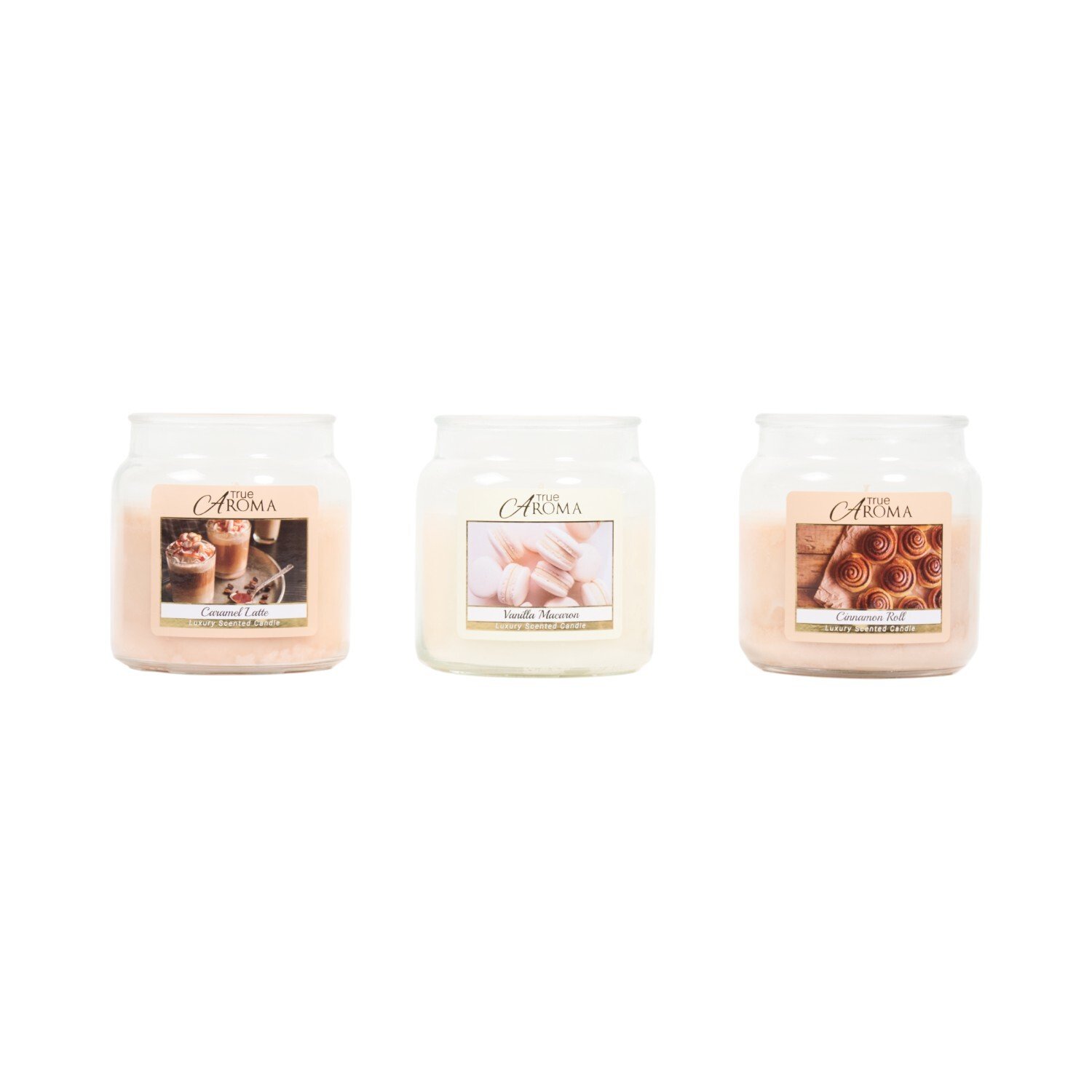 Pack of 3 Luxury Scented Mason Jar Candles Cinnamon Roll Vanilla Macaron Caramel Latte Image 1