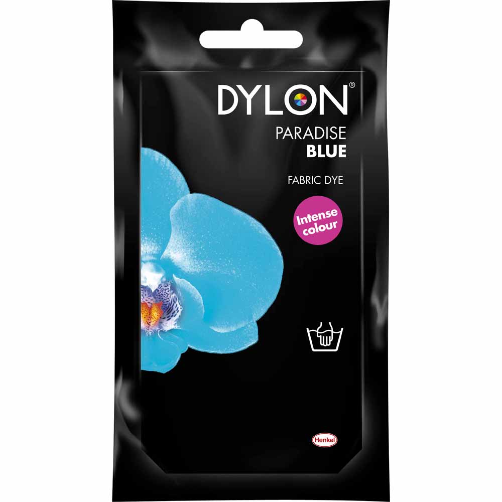 Dylon Paradise Blue Hand Dye 50g  - wilko Dylon Hand Dye is ideal for dyeing smaller items, delicate items such as wool and silk and for crafts such as tie-dye. Use by hand in warm water to give strong, permanent colour to natural fabrics. This pack is bursting with a whole spectrum of ideas, and with Dylon you have all the colours of the rainbow to choose from. So, wake up your wardrobe, revive a faded scarf or brighten some cushion covers with colour, ease and permanent results you?ll be proud of! This shade will always have an air of classic, chic sophistication. You'll also need 250g of ordinary salt (not included). 1 pack dyes up to 250g fabric (e.g. shirt) to full shade or larger amounts to lighter shade. Not suitable for pure polyester, acrylic, nylon and fabric with special finishes. Colour mixing rules apply (e.g. blue on red gives purple). Warning: Always read instructions. Irritant. May cause an allergic reaction. Keep out of reach of children. Directions for use: Weigh dry fabric, wash thoroughly. Leave damp. Using rubber gloves, dissolve dye in 500ml warm water. Fill bowl/stainless steel sink with approx 6 litres warm water (40°C). Stir in 250g (10tbsp) salt. Add dye & stir well. Submerge fabric in water. Stir for 15mins, then stir regularly for 45mins. Rinse fabric in cold water. Wash in warm water & dry away from direct heat & sunlight. Requires 250g salt.