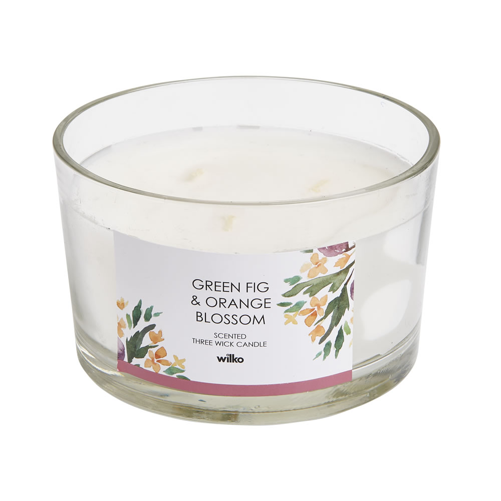 Wilko Green Fig and Orange Blossom 3 Wick Glass Candle Keep your indoors smelling fresh and pleasant with our Green Fig and Orange Blossom The Wick Glass Candle. This amazing smelling scented candle carries top notes of fig, peach and cassis with mid notes of floral jasmine and a coumarin base. The candle features three wicks for lighting and is housed in a gorgeous glass jar. No matter where you place it, the candle will fill your interior places with soothing scent from the first burn to the last. Warning: May cause an allergic skin reaction. Harmful to aquatic life with long-lasting effects. If medical advice is needed, have a product container or label at hand. Keep out of reach of children. Wash hands thoroughly after handling. If on the skin, wash with plenty of soap and water. If skin irritation or rash occurs, get medical advice/attention. Dispose of contents/container to an approved disposal site, in accordance with local regulation except for empty containers which can be disposed of in the dustbin.