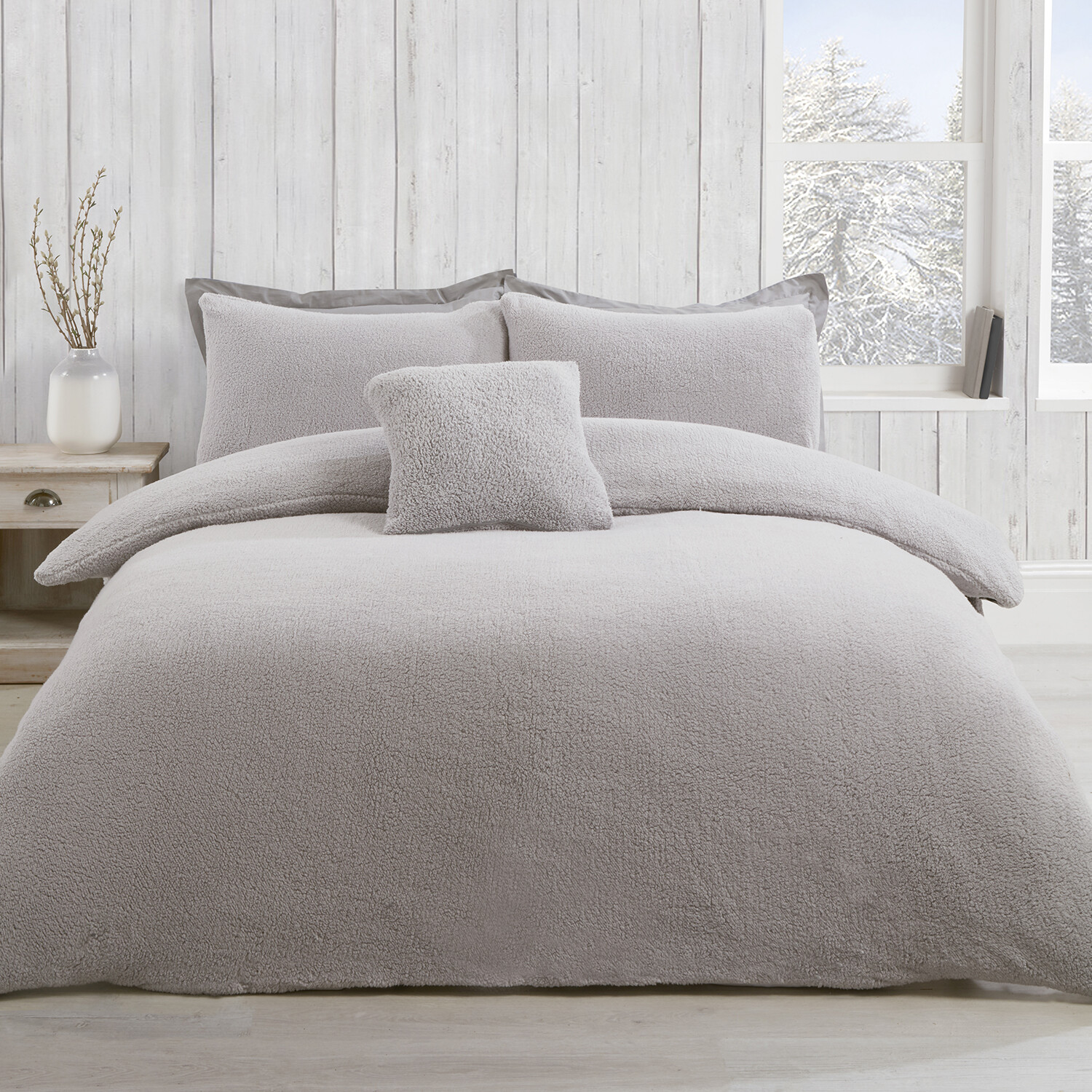 Teddy Fleece Duvet and Pillow Case Set  - Silver / Single Image 1