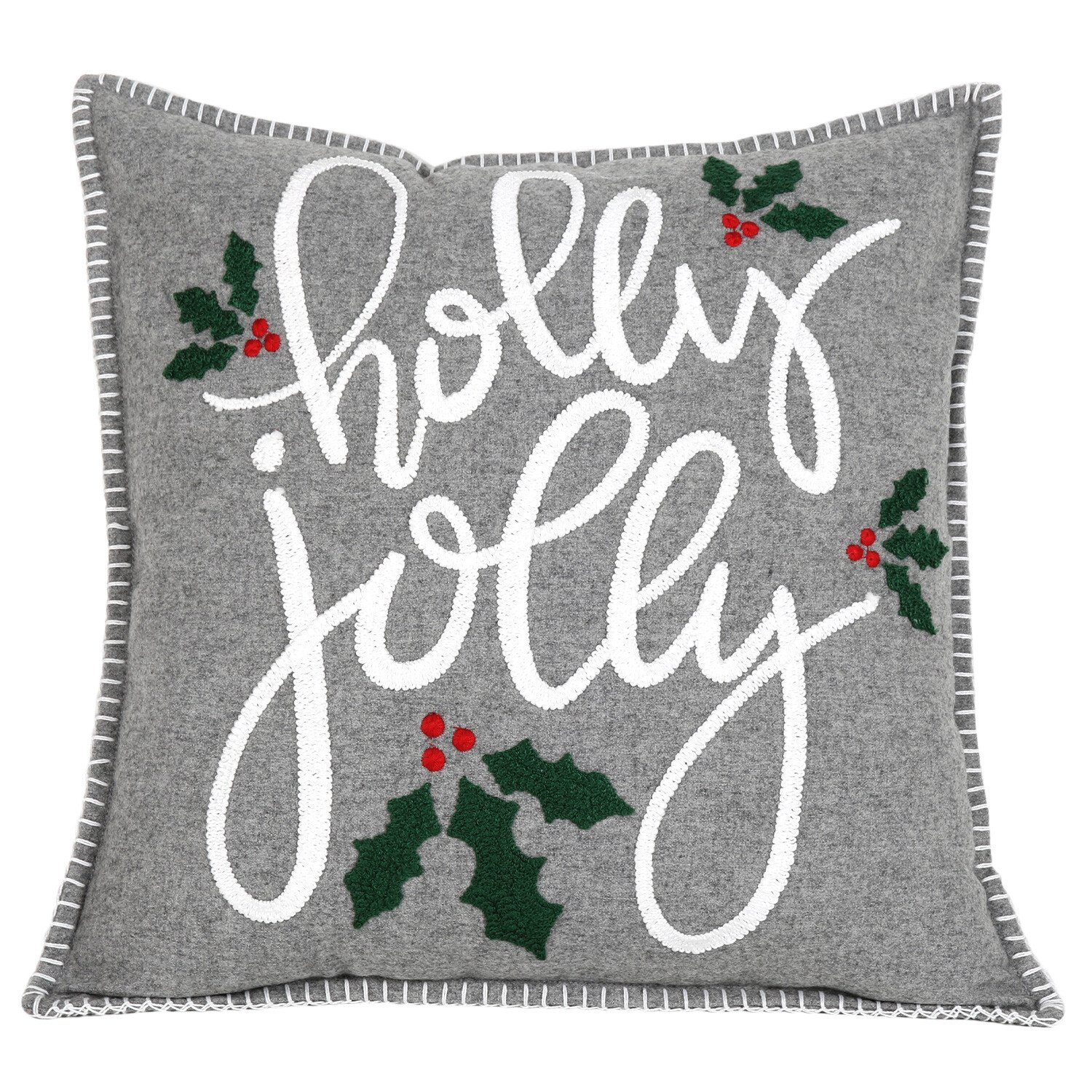 Holly Jolly Embroidered Cushion  - Grey Image 1
