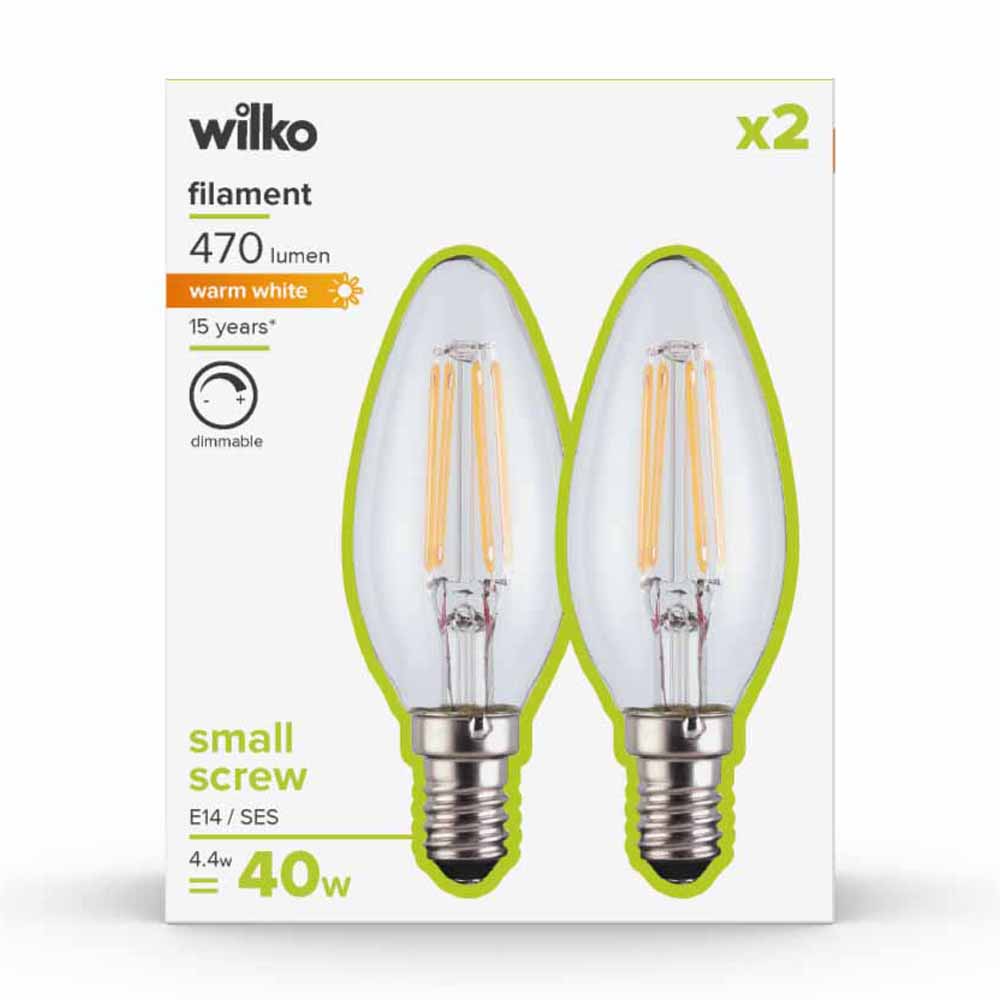 Wilko 2 pack Small Screw E14/SES 470lm LED Filament Candle Light Bulb Dimmable Image 2