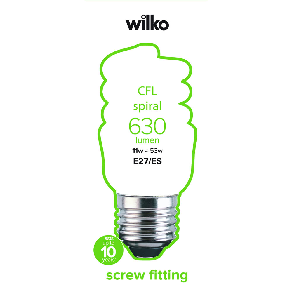 Wilko 1 pack Screw E27/ES CFL Energy Saving 11W Spiral Light Bulb Image 2